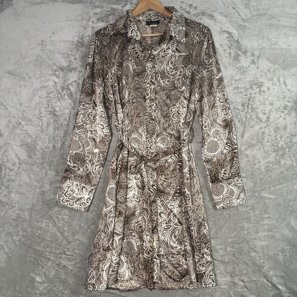 Hourglass Paisley Floral Retro Women’s Midi Dress Brown Cream Size Large 70s